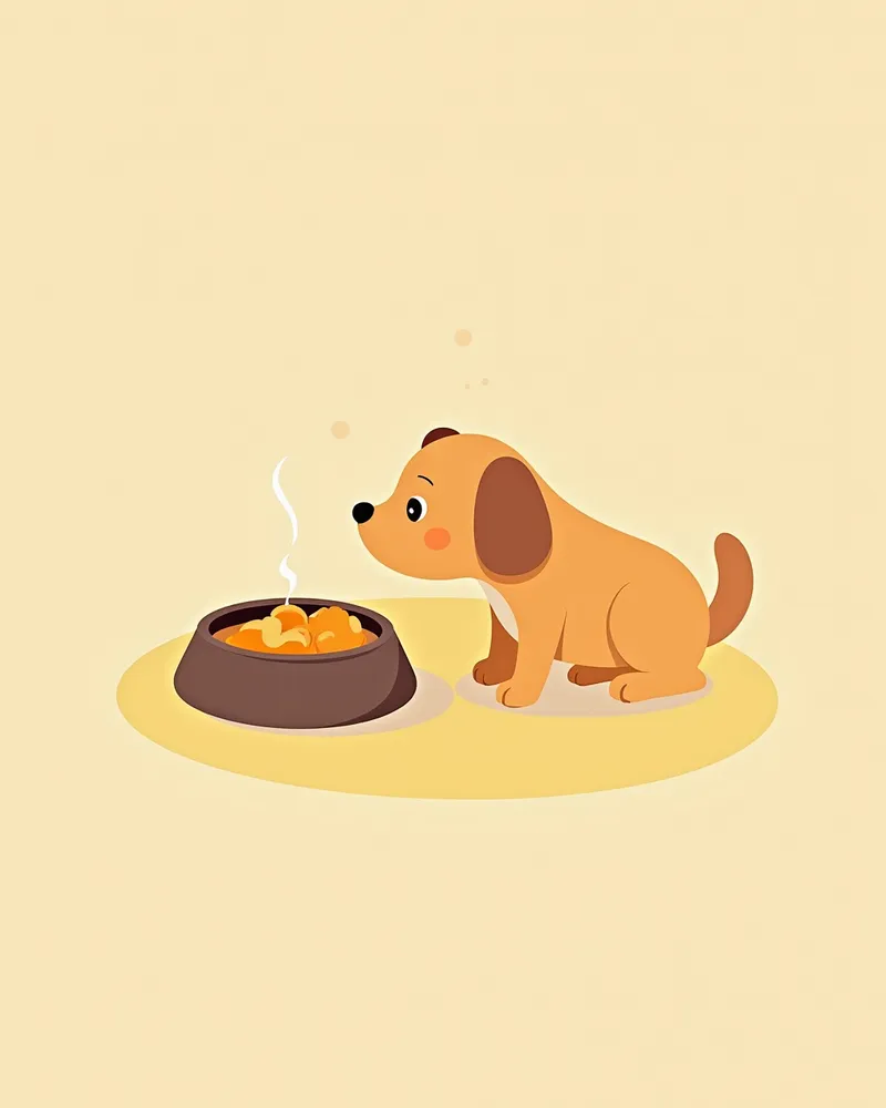 음식을 조심스럽게 바라보는 강아지