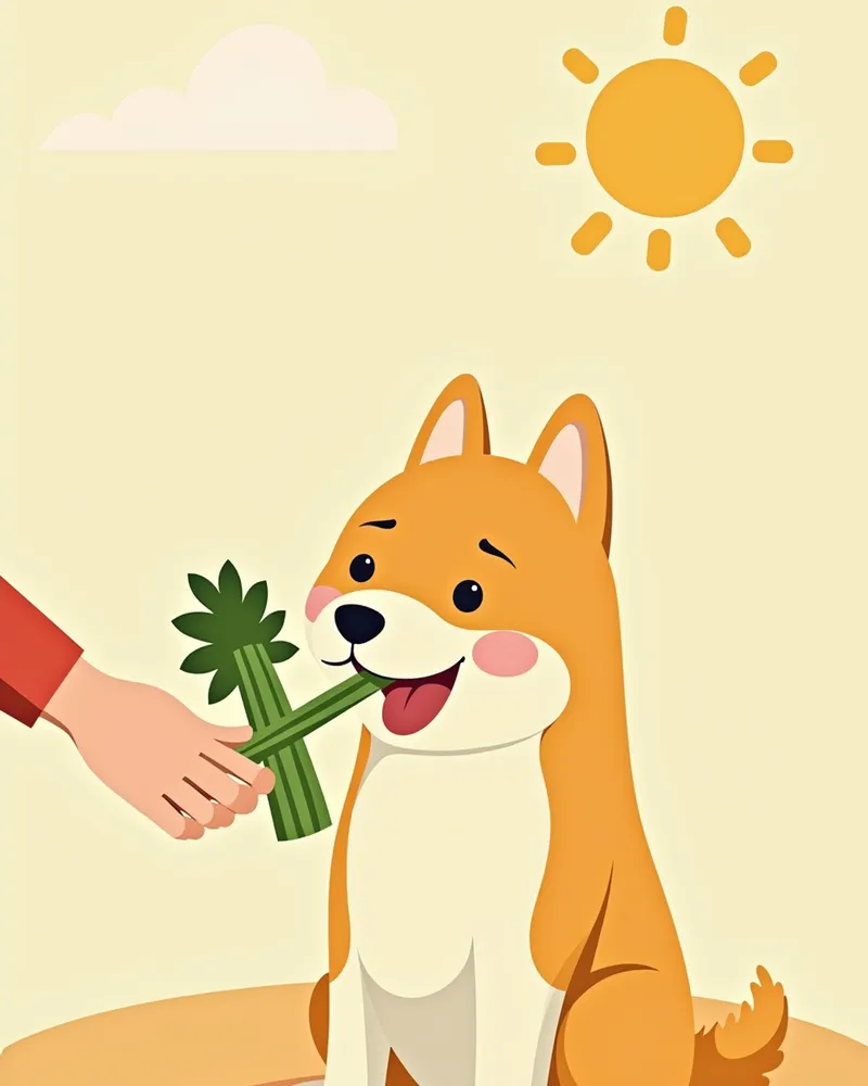 강아지가 손에서 셀러리를 먹고 있는 모습