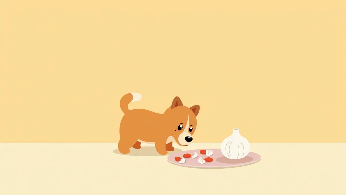 강아지와 마늘이 있는 식탁