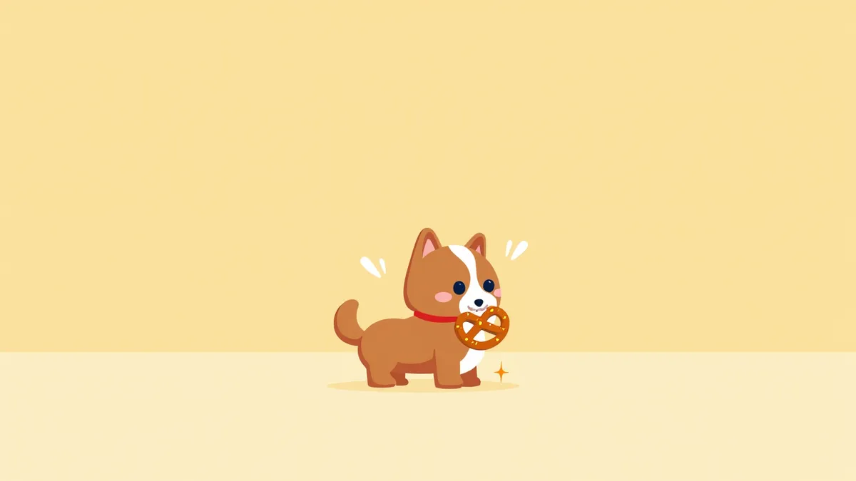 경고 표지판과 함께 프레첼을 먹는 강아지