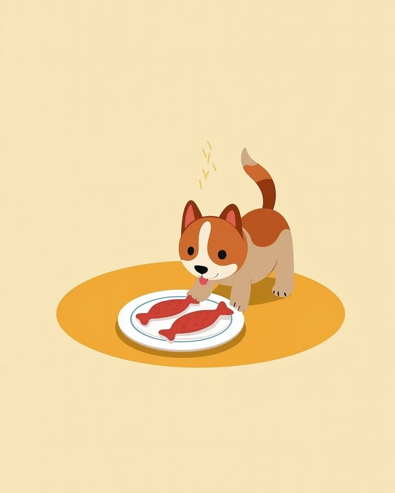 생선뼈를 바라보는 강아지