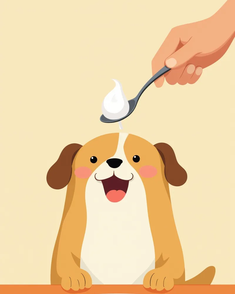 사람이 숟가락으로 요거트를 먹여주는 강아지