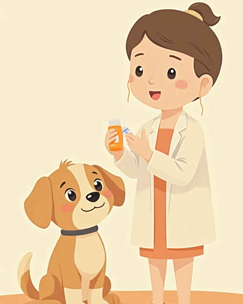 수의사가 노령견을 진찰하며 보호자에게 약물 일정을 설명하는 모습