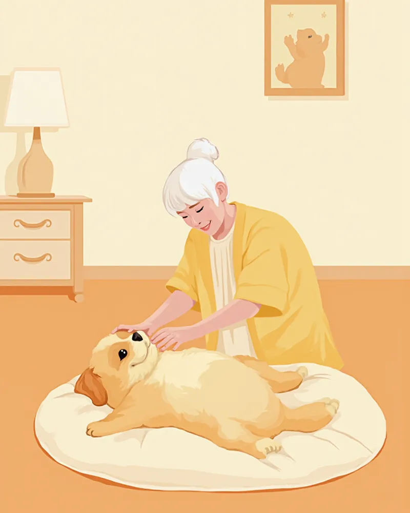 보호자가 집에서 노령견의 복부와 림프절을 확인하는 모습