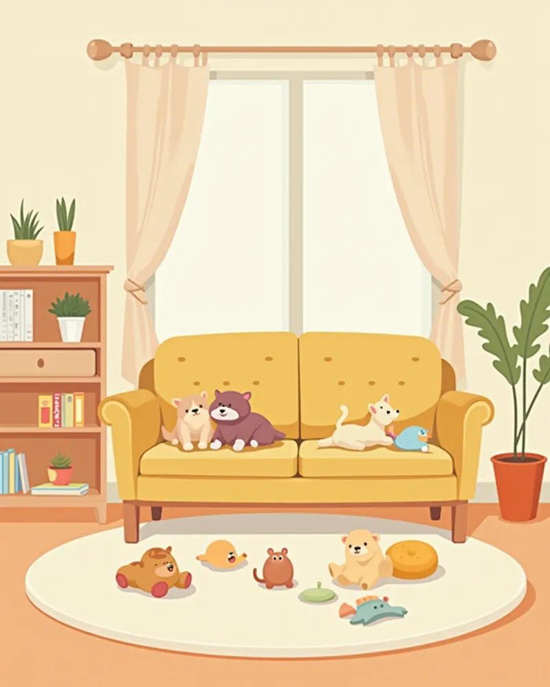 ห้องนั่งเล่นที่จัดระเบียบและของเล่น
