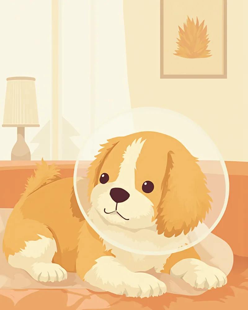 백내장 수술 후 넥카라를 착용한 강아지