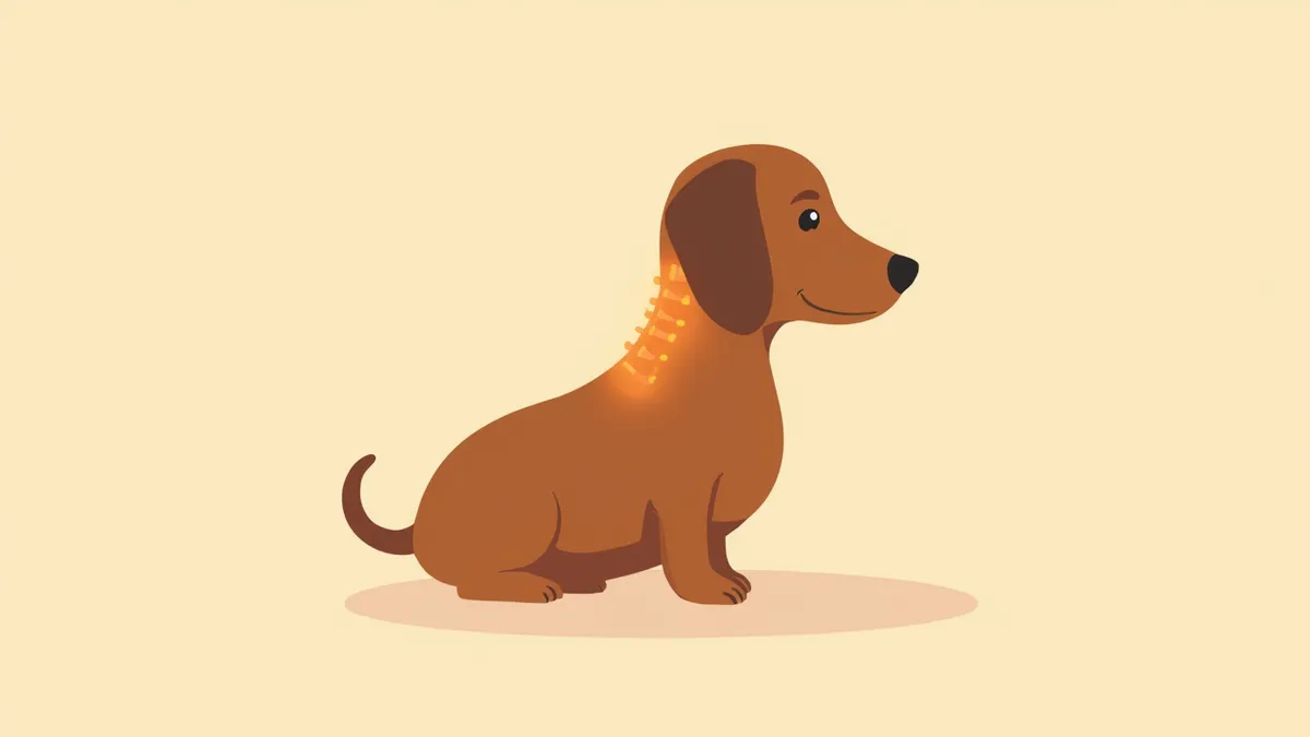 목을 뻣뻣하게 세우고 있는 강아지의 경추 부위가 표시된 모습