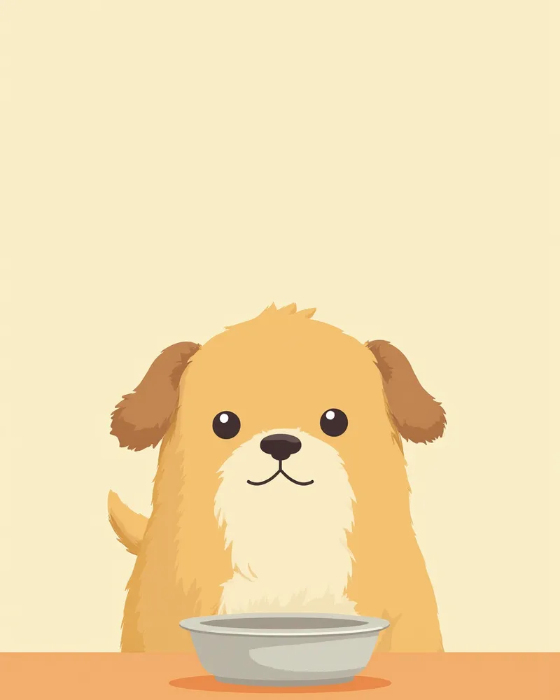 목을 숙이지 못하고 뻣뻣한 자세로 밥그릇 앞에 서 있는 강아지