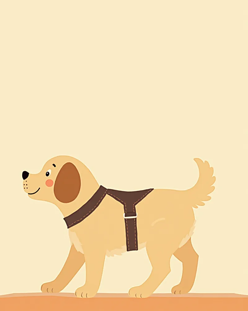 가슴 하네스를 착용하고 평지에서 조심스럽게 걷고 있는 강아지