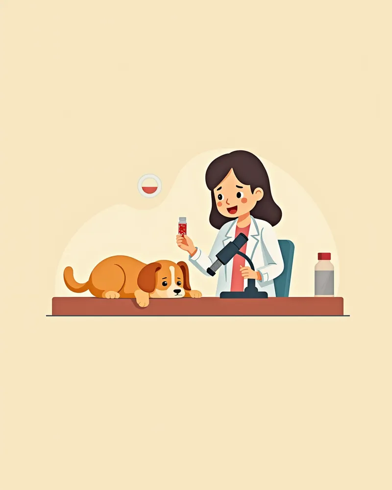수의사가 혈액 검사를 위해 현미경을 보고 있는 모습