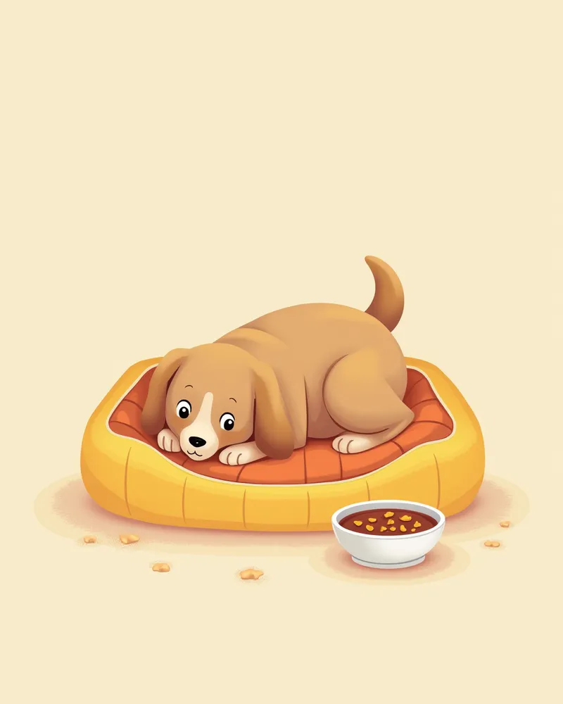 강아지가 편안하게 누워 있는 침대와 먹이, 물이 준비된 사진