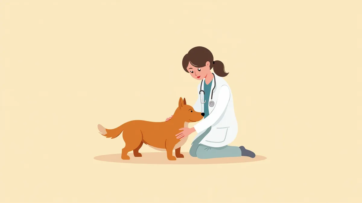 수의사가 노령 강아지의 복부를 부드럽게 진찰하는 모습