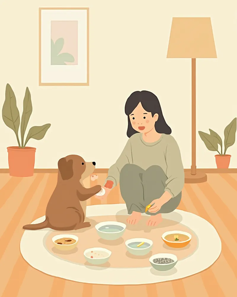 노령 강아지를 위해 집안 곳곳에 신선한 물을 비치하는 보호자