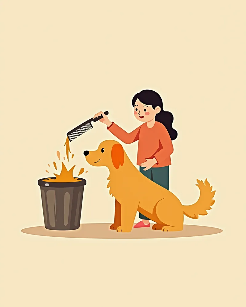 강아지 주인이 털을 빗으며 빠진 털을 버리는 모습