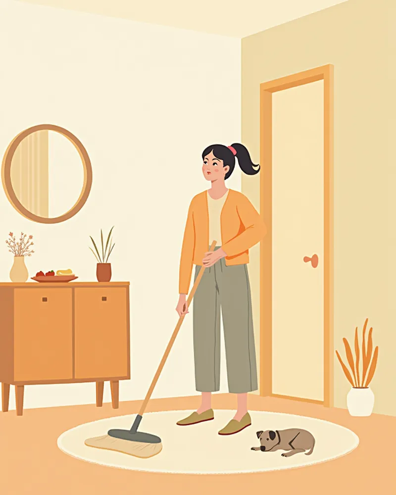 강아지 생활 공간을 소독하는 보호자