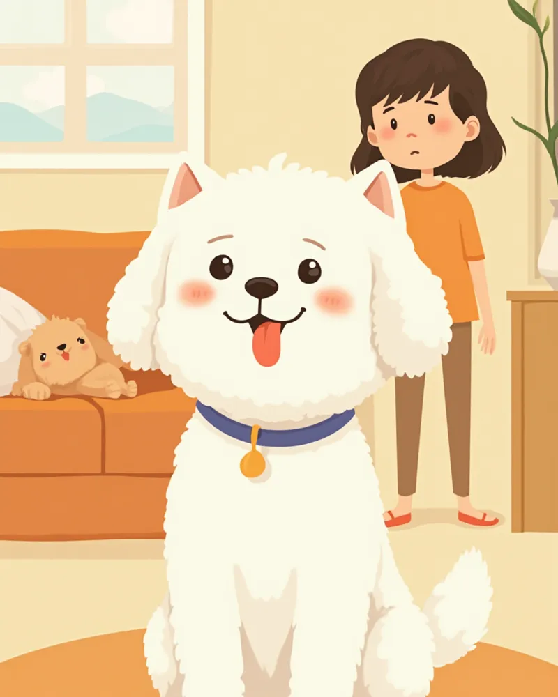 실내에서 살짝 헥헥거리는 말티즈와 걱정하는 보호자