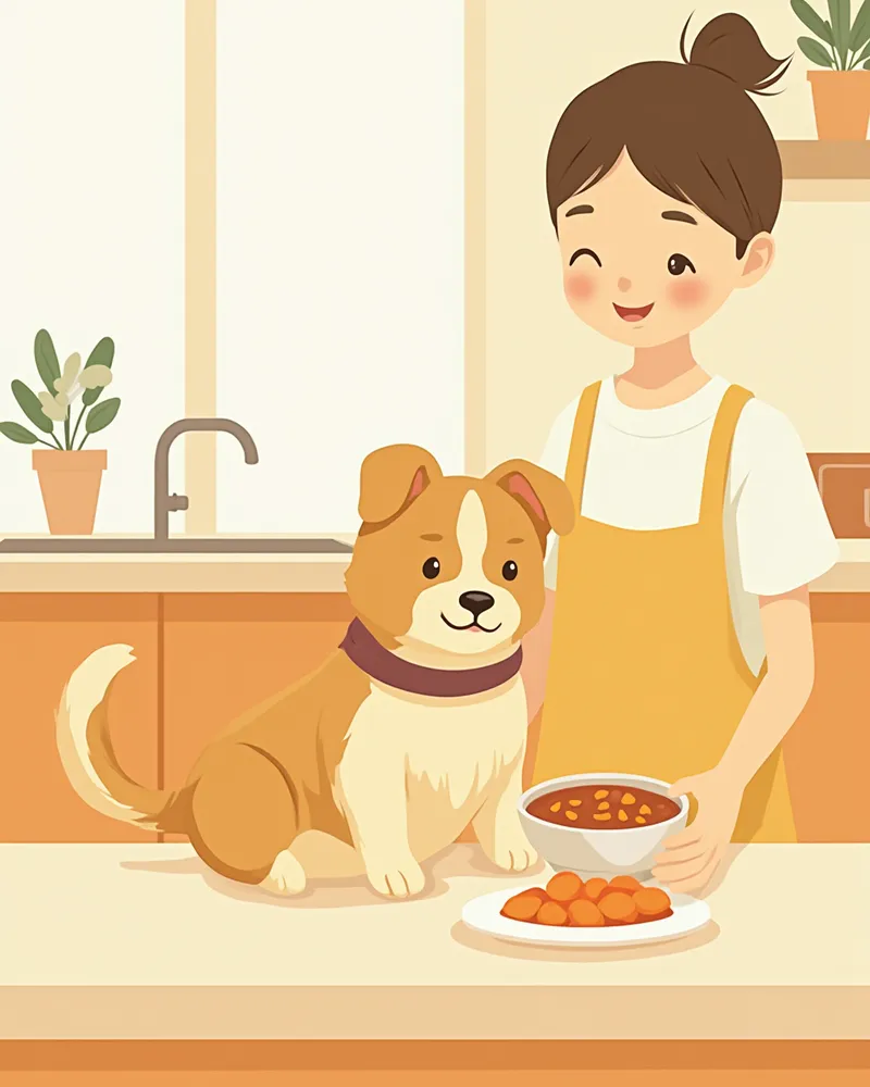 보호자가 강아지에게 저구리 처방 식이를 준비하는 모습