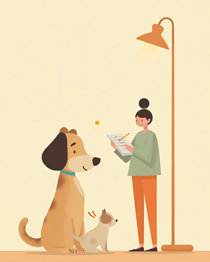 기침 증상을 체크하는 보호자와 강아지 일러스트