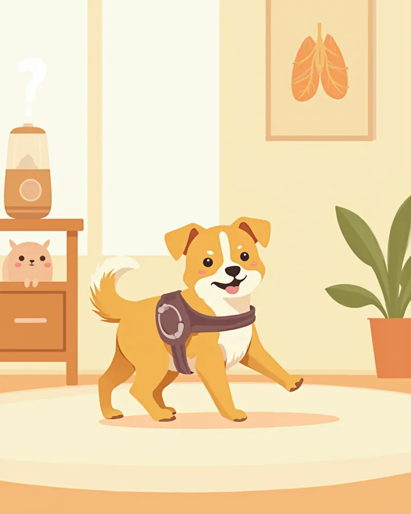 가슴줄을 착용하고 깨끗한 실내에서 생활하는 강아지 일러스트