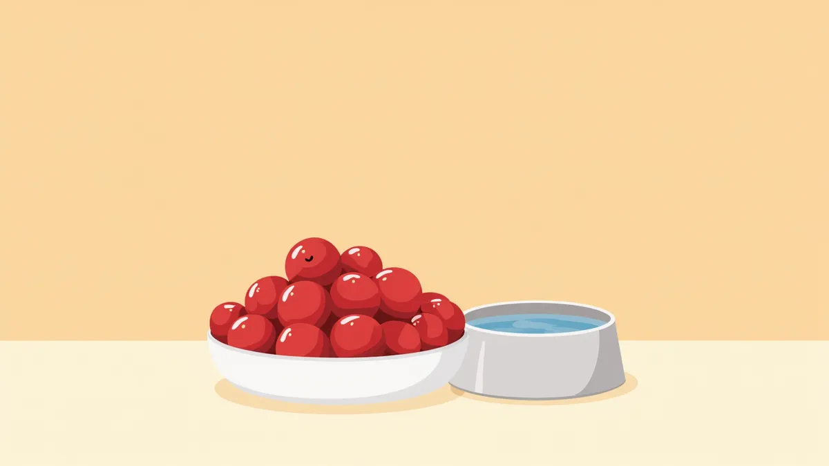 흰 접시에 담긴 크랜베리와 강아지 물 그릇
