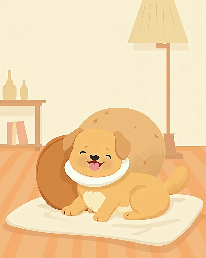 수술 후 넥카라를 착용하고 쉬고 있는 강아지