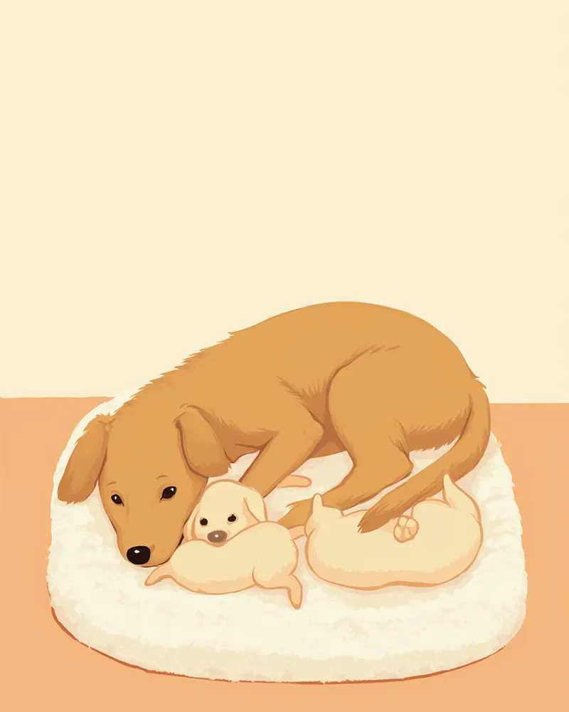 분만을 마친 어미 강아지가 분만 상자 안에서 신생아 강아지들에게 젖을 물리는 모습