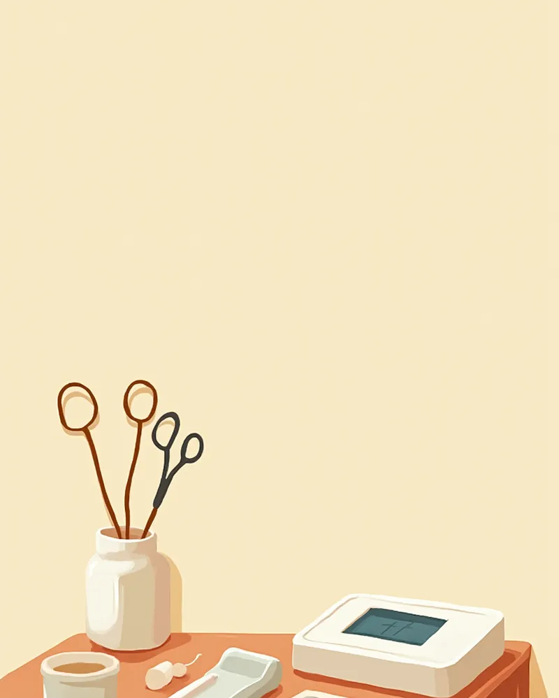 강아지 출산 시 사용하는 멸균 가위, 치실, 수건, 전자저울이 정리된 모습