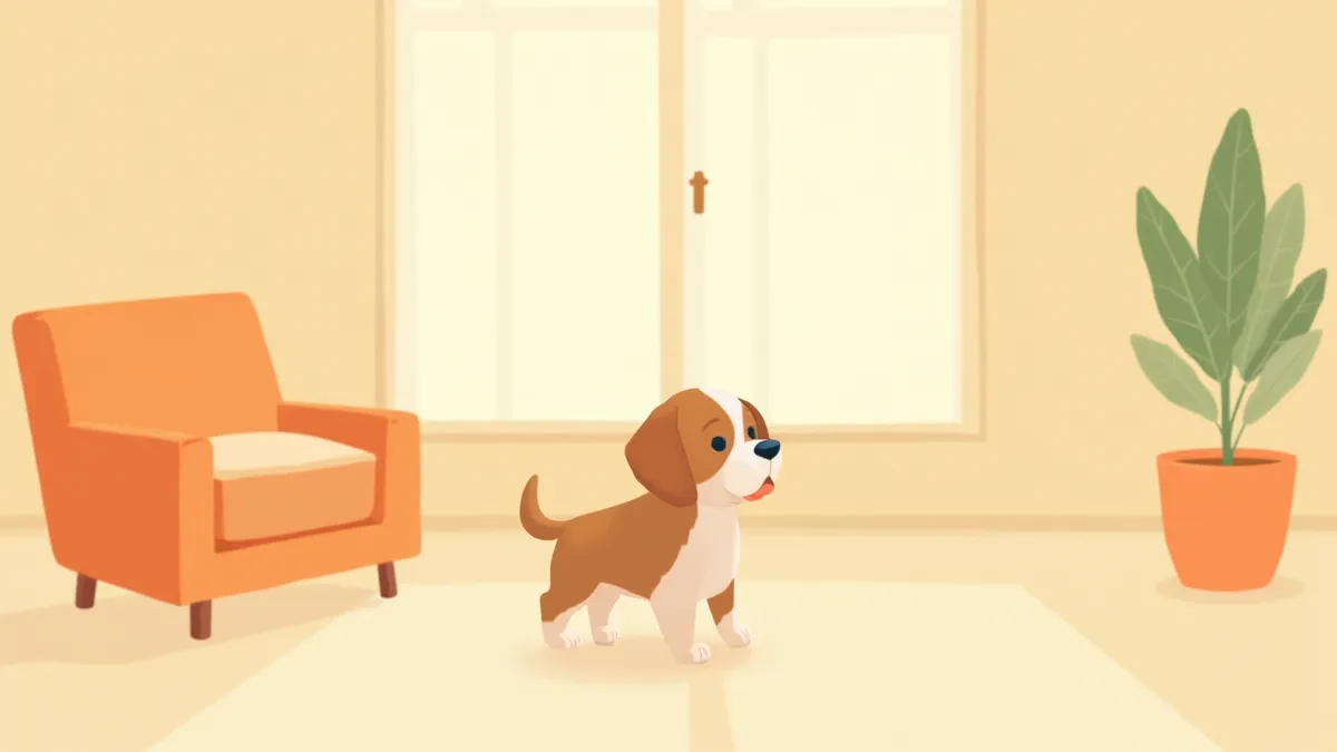 거실에서 약간 혼란스러운 표정의 노령견