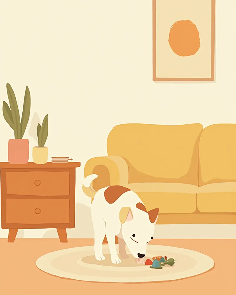 거실 바닥에서 노즈워크 장난감을 하는 노령견