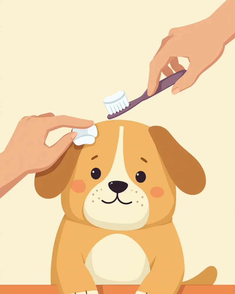 보호자에게 양치를 받고 있는 강아지 일러스트