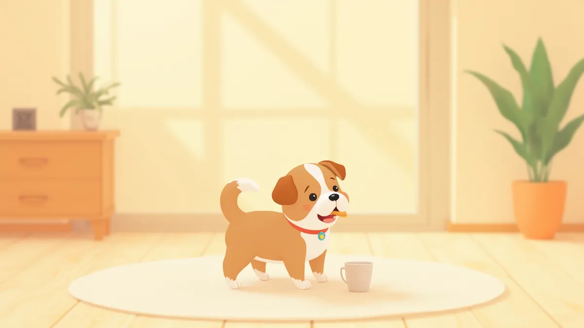 밝은 거실에서 덴탈 간식을 씹고 있는 강아지