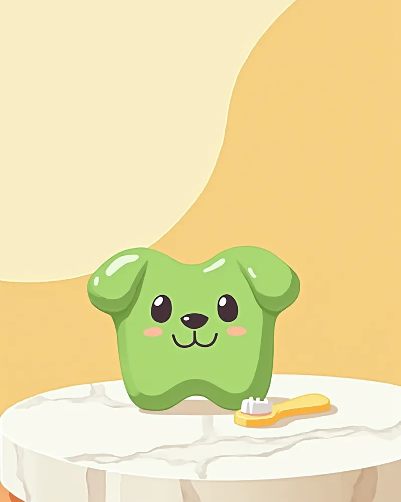 흰 대리석 위에 놓인 칫솔 모양 초록색 덴탈 간식 클로즈업