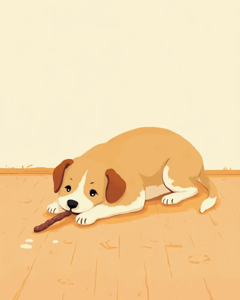 나무 바닥에 엎드려 다공성 덴탈 스틱을 씹는 중형견