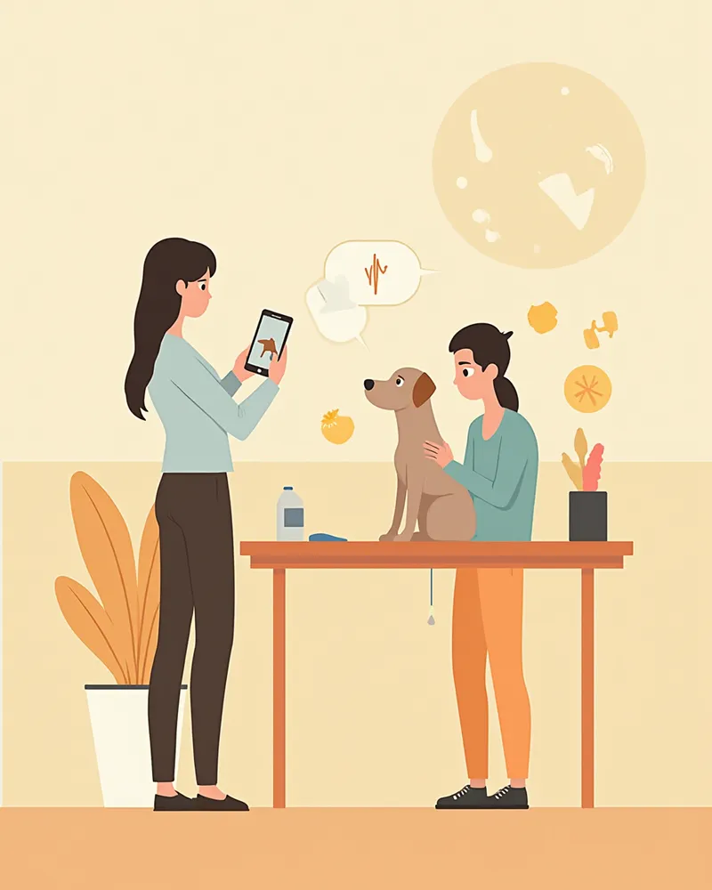 보호자가 수의사에게 강아지 피부 사진을 보여주는 모습