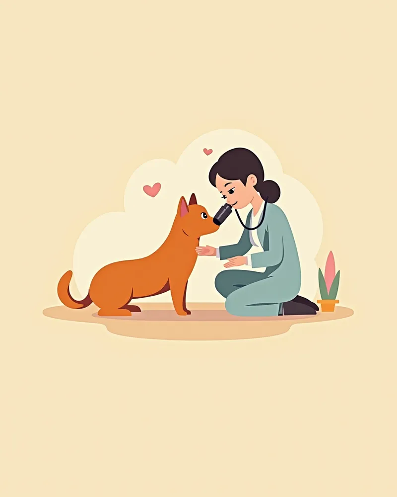 수의사가 강아지 피부를 현미경으로 검사하는 모습