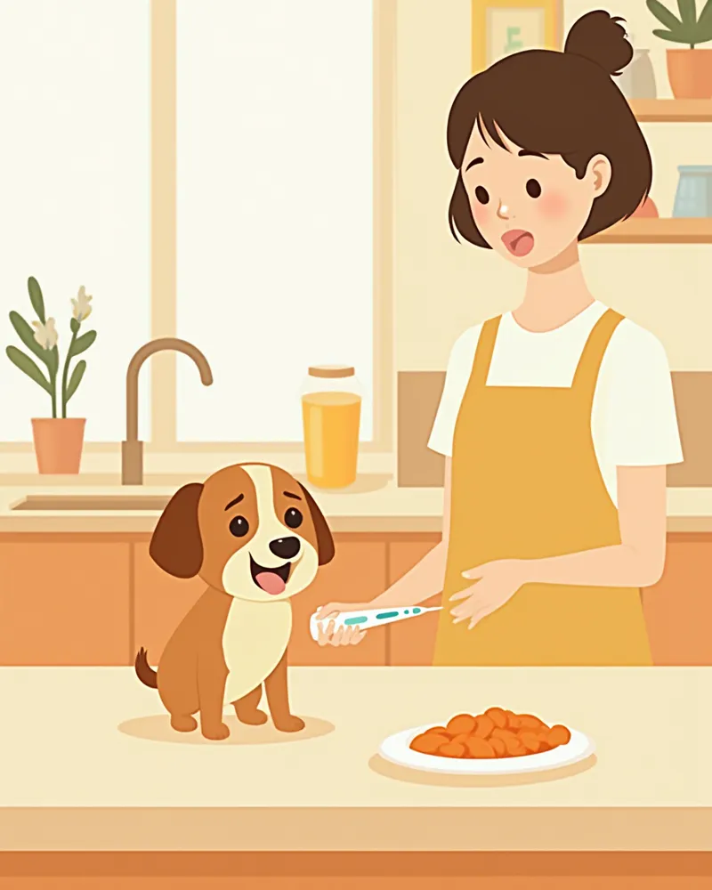 강아지를 위한 식사와 인슐린 펜을 준비하는 보호자