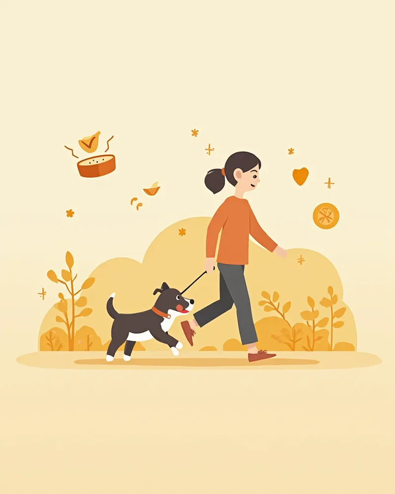 건강하게 산책하는 강아지와 예방 관리 아이콘 일러스트