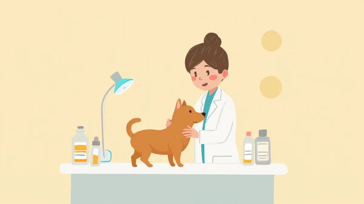 수의사가 강아지를 진찰하며 유산균을 안내하는 모습