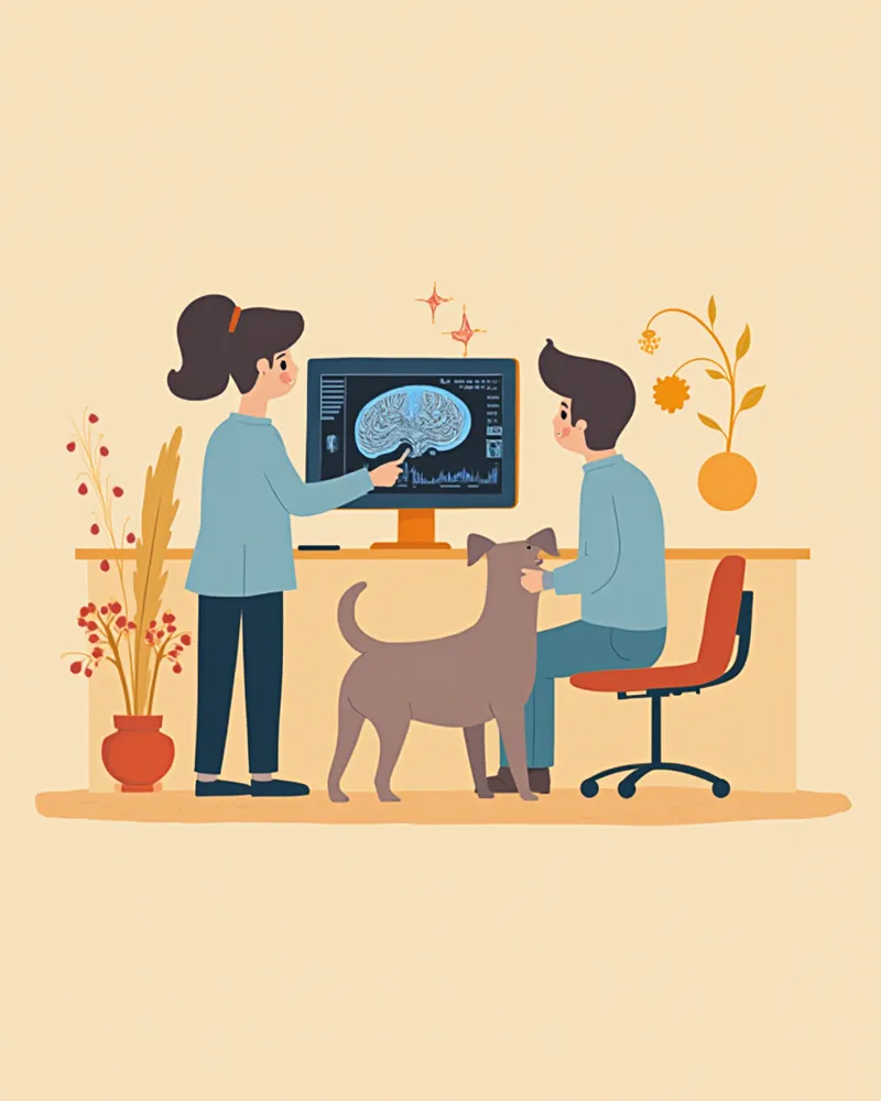 수의사가 강아지 뇌 MRI 영상을 검토하는 장면