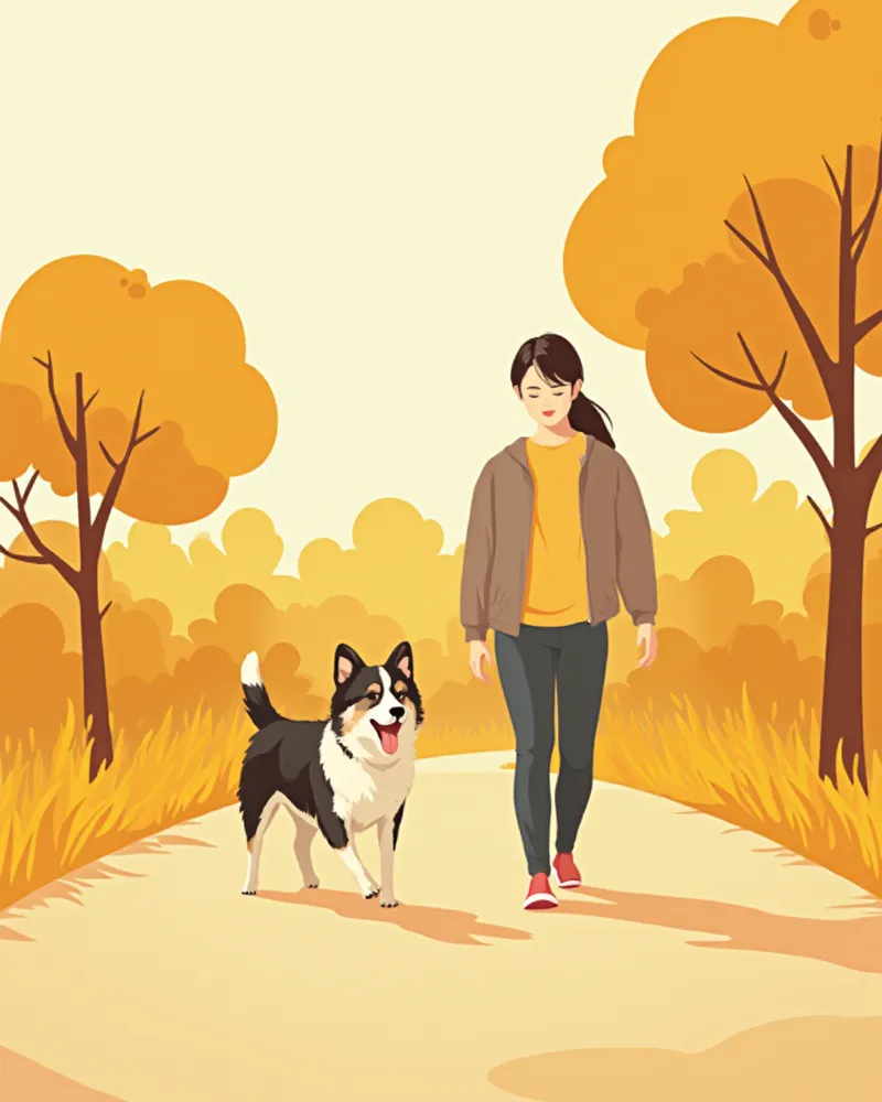 균형을 회복한 강아지가 공원에서 보호자와 산책하는 모습