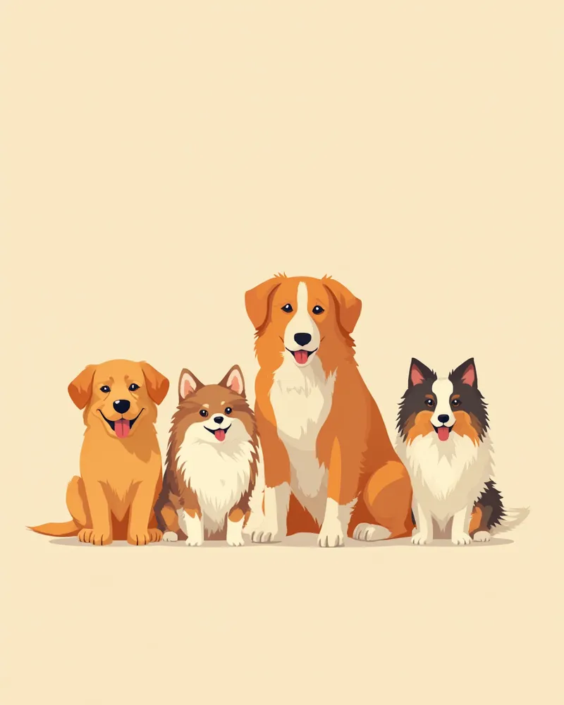 다양한 품종의 강아지들이 함께 앉아 있는 모습