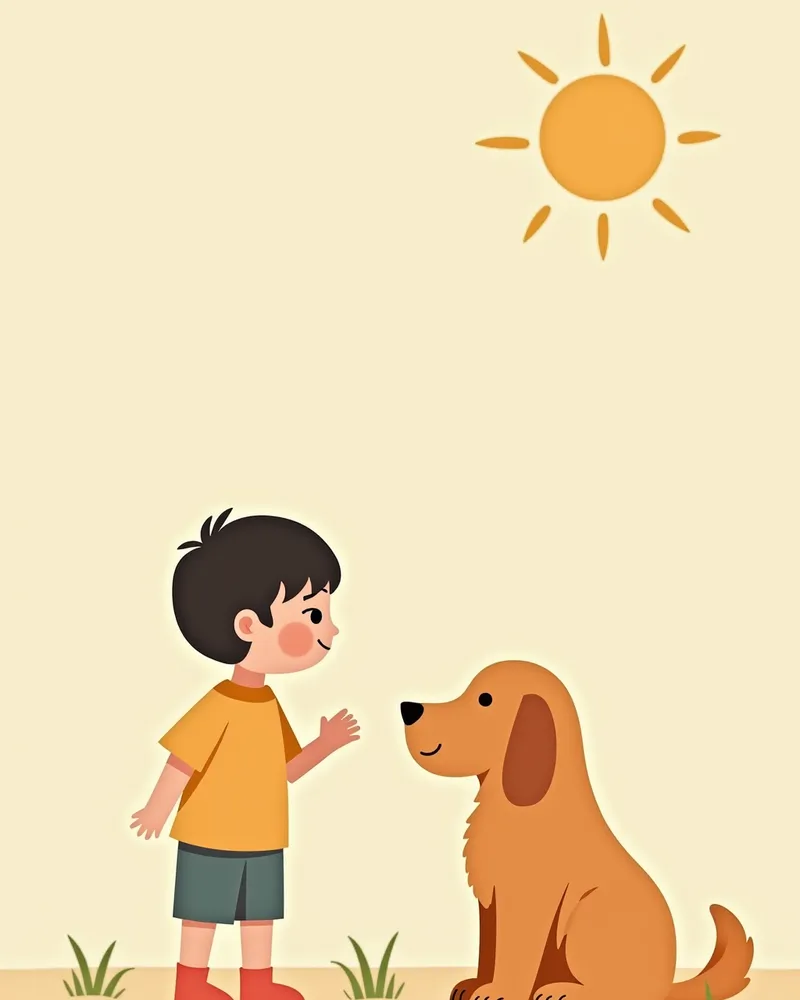 보호자가 아이에게 강아지를 올바르게 대하는 방법을 가르치는 장면