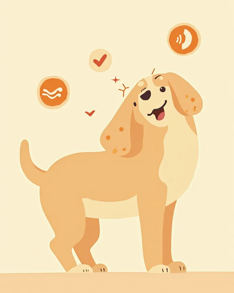 귀를 긁고 있는 강아지와 증상 아이콘 일러스트