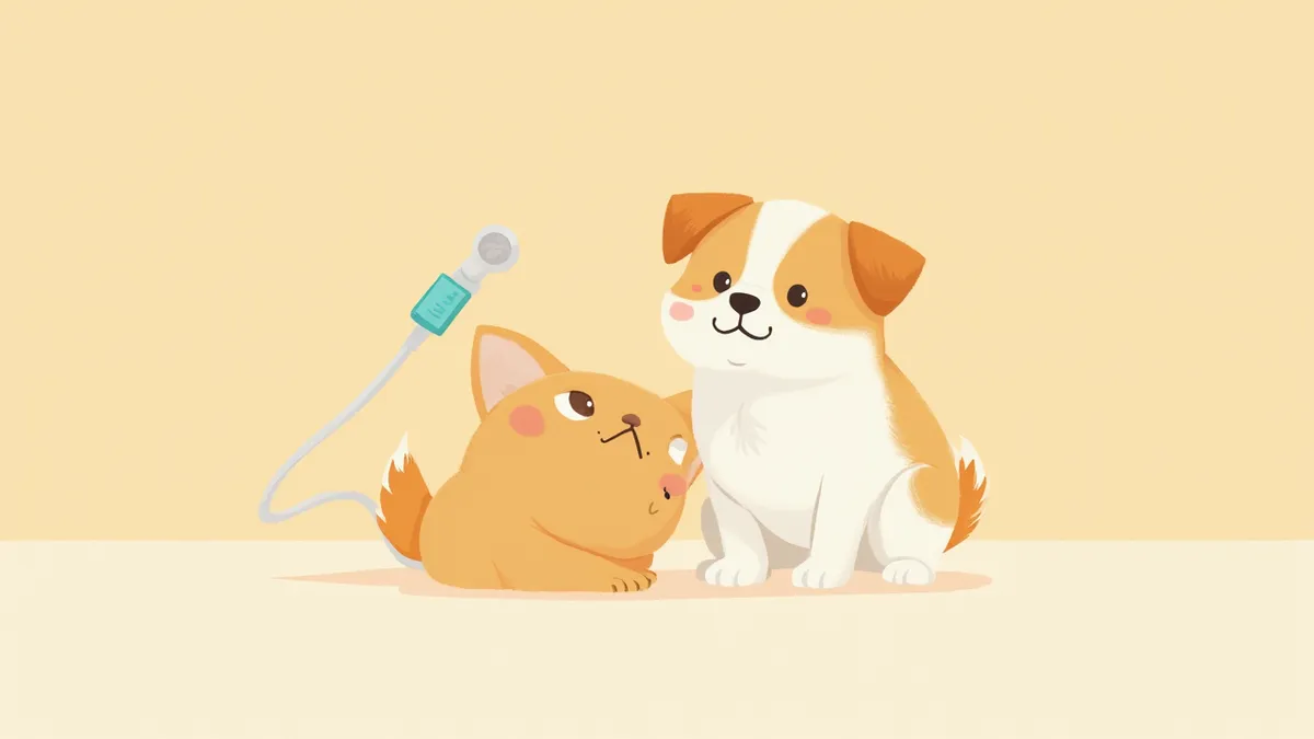 고개를 기울인 노령견과 검이경을 든 수의사 일러스트