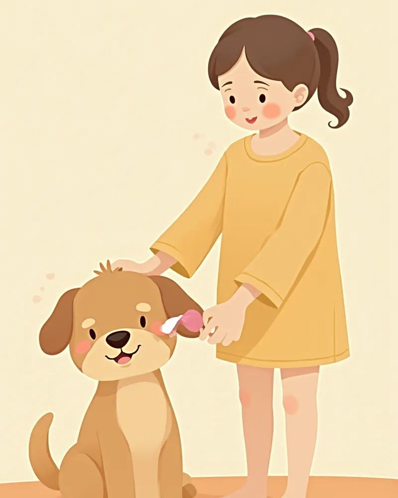 강아지 귀를 부드럽게 닦아주는 보호자 일러스트