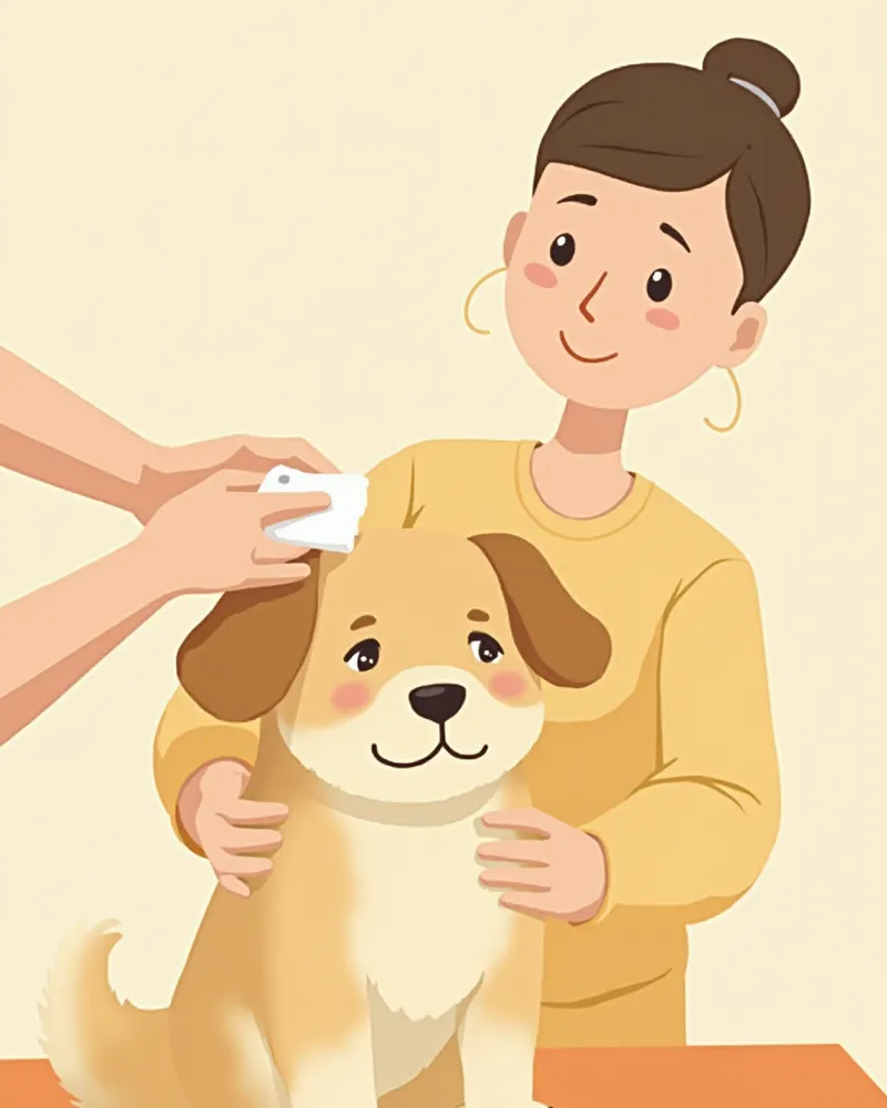 보호자가 접힘귀 강아지의 귀를 부드럽게 닦아주는 모습