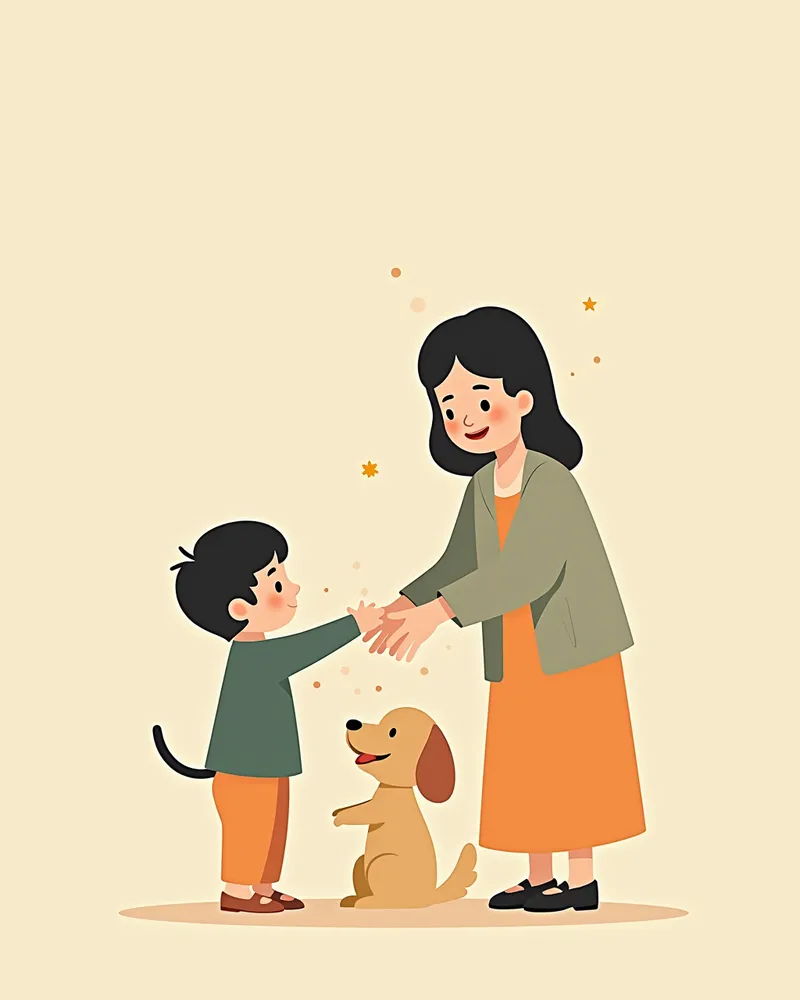 강아지와 놀고 난 후 손을 씻는 가족