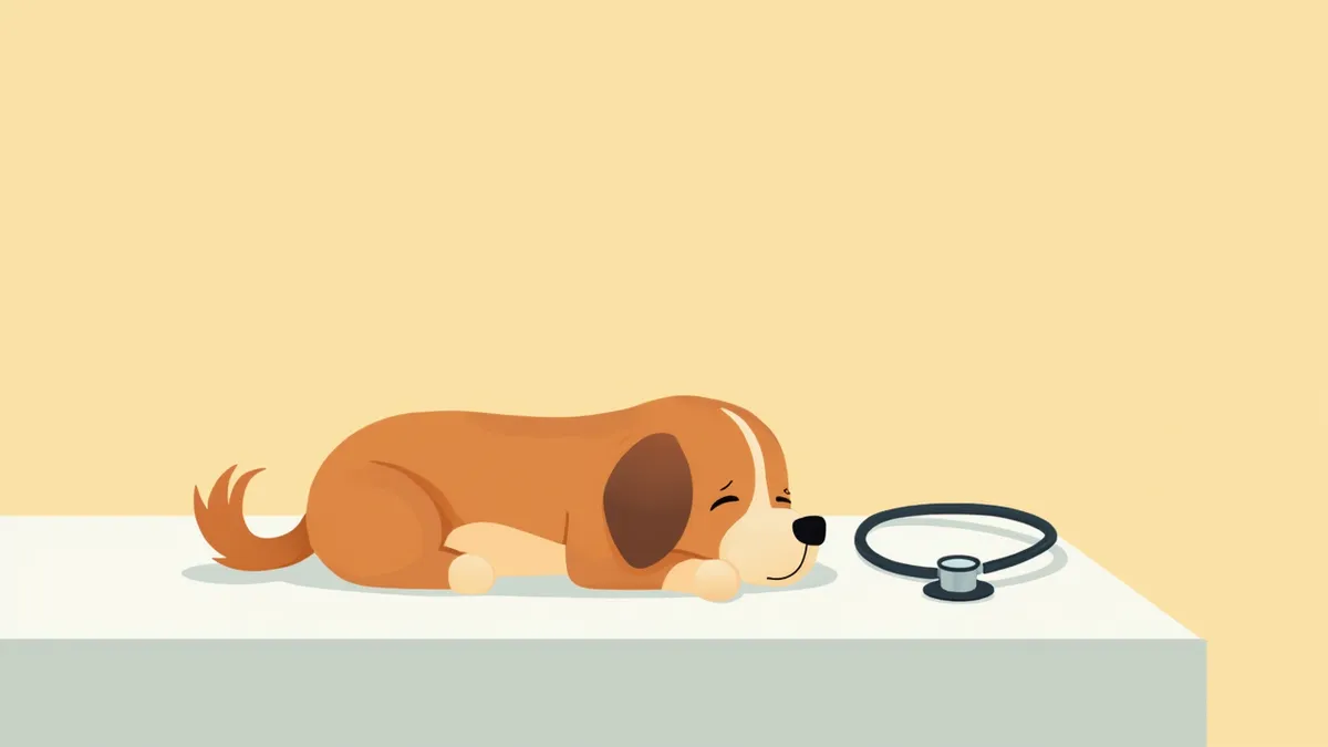 진료대에 누워 있는 기운 없는 강아지