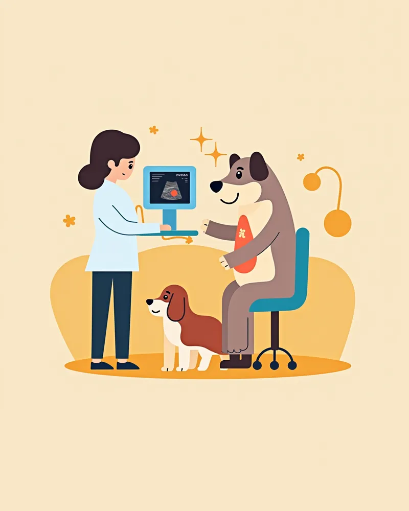 수의사가 강아지의 복부 초음파 검사를 하는 모습, 간의 이미지가 화면에 표시됨