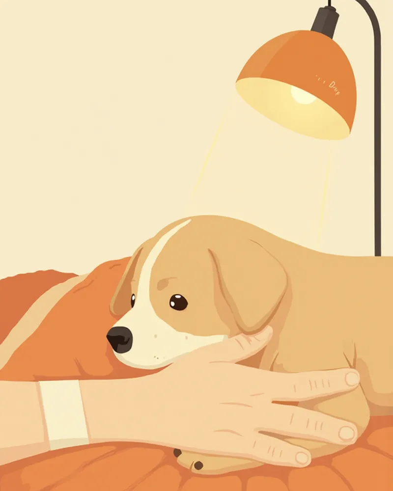 따뜻한 담요 위 노령 강아지를 부드럽게 쓰다듬어 주는 보호자의 손